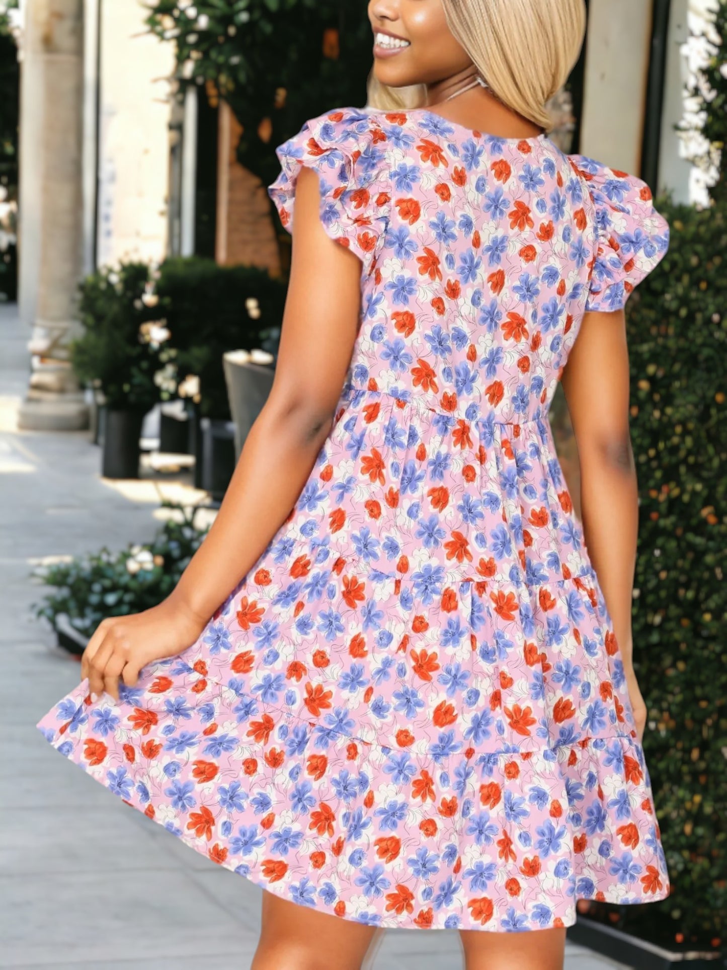 V-Neck Ruffle Cap Sleeve Floral Print Flared Dress