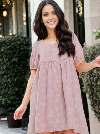 Bow Tie Back Puffed Short Sleeve Textured Flared Tunic Dress