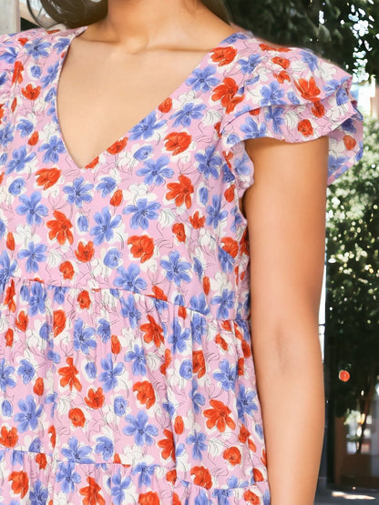 V-Neck Ruffle Cap Sleeve Floral Print Flared Dress