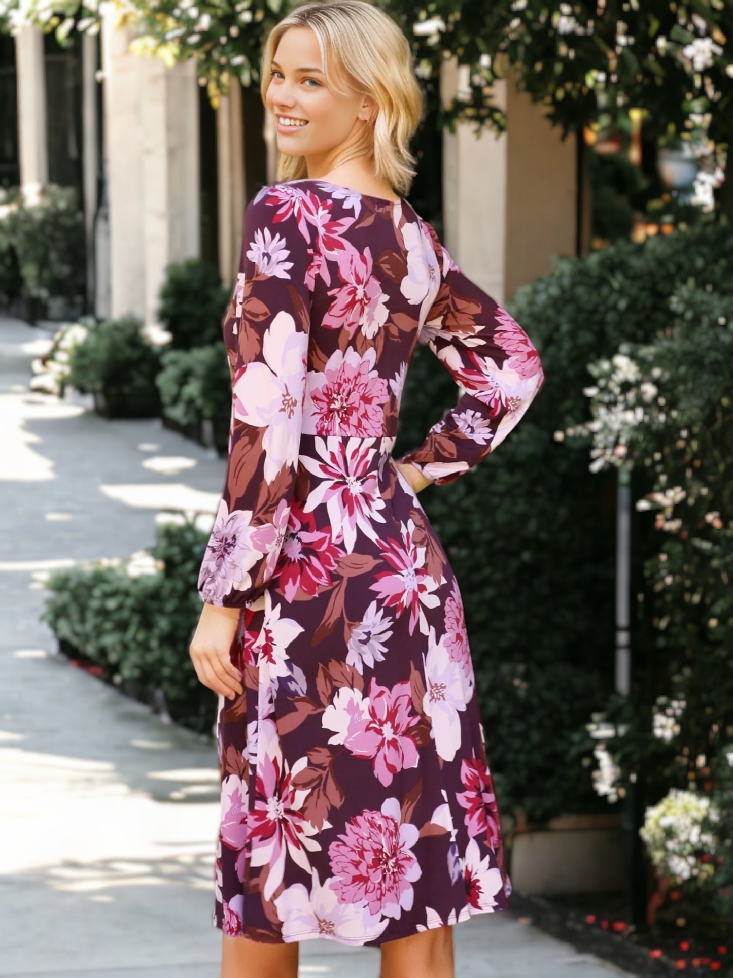 Plum Floral Tropical Print Square Neck Puffed Sleeve Midi Dress