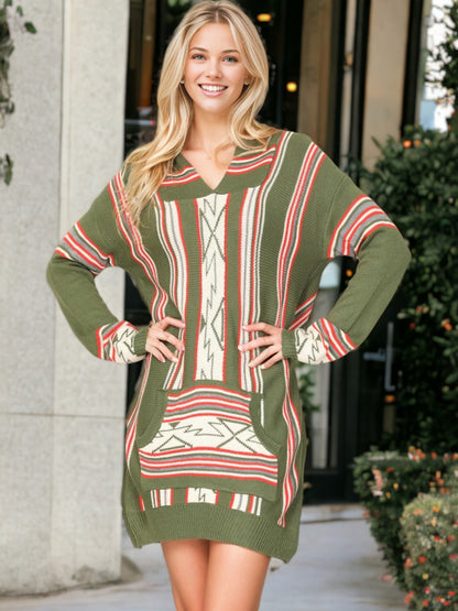 Aztec Western Pattern Knitted Pocket Tunic Long Sleeve Dress