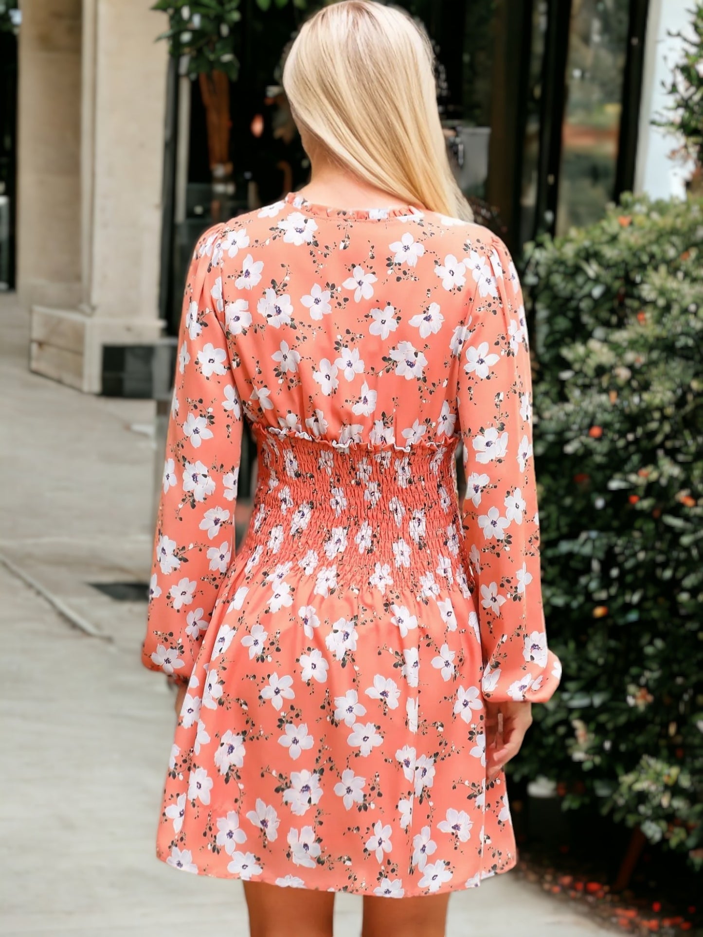 V-Neck Floral Print Ruffle Detail Long Sleeve Smocked Waist Dress