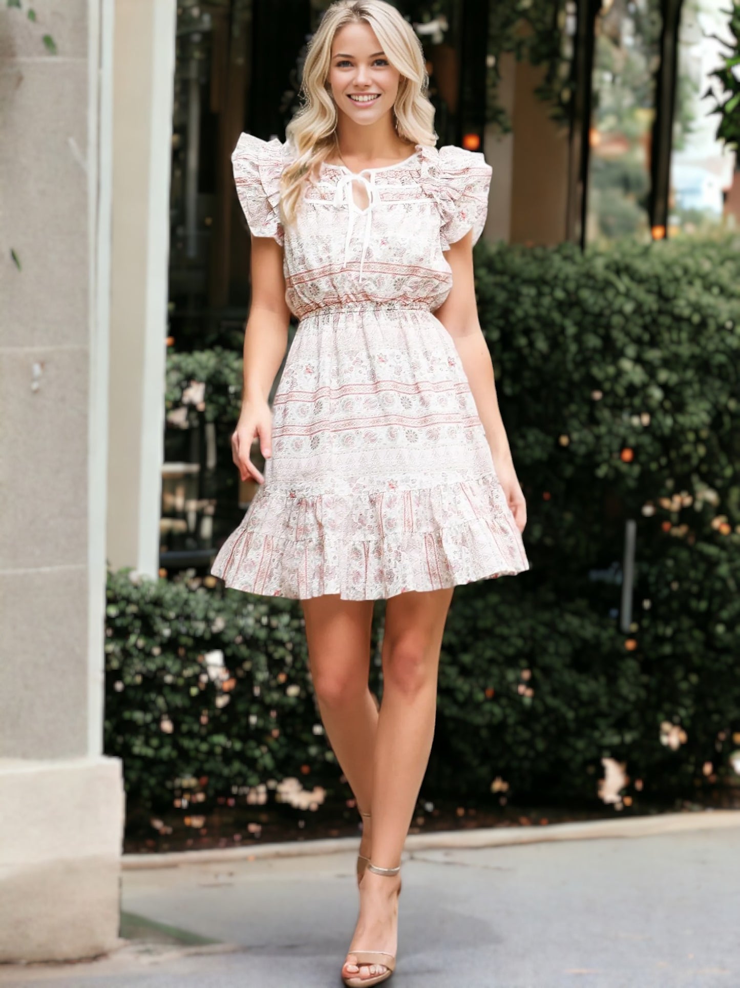 Double Ruffle Sleeve Tie Keyhole Neck Printed Ruffle Dress