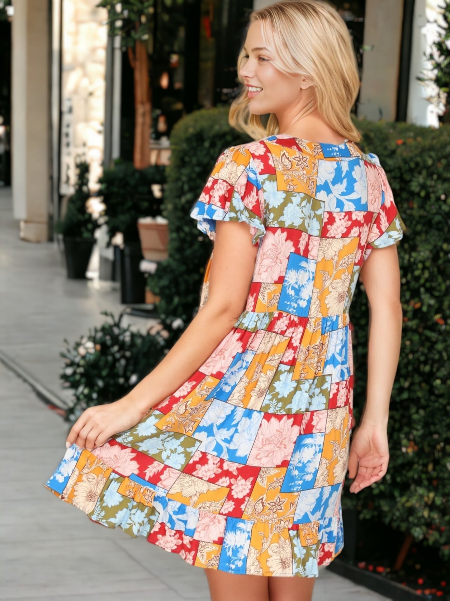 Patch Design Floral Print Ruffle Cap Sleeve Tunic Dress