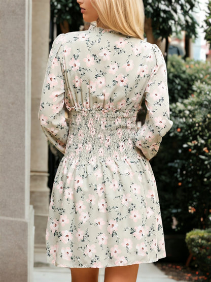 V-Neck Floral Print Ruffle Detail Long Sleeve Smocked Waist Dress