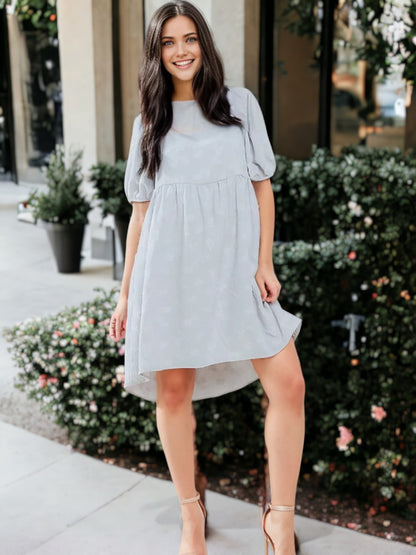 Bow Tie Back Puffed Short Sleeve Textured Flared Tunic Dress